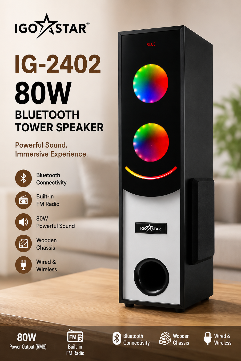 IGO STAR IG-2402 80 W Bluetooth Tower Speaker - Image 2